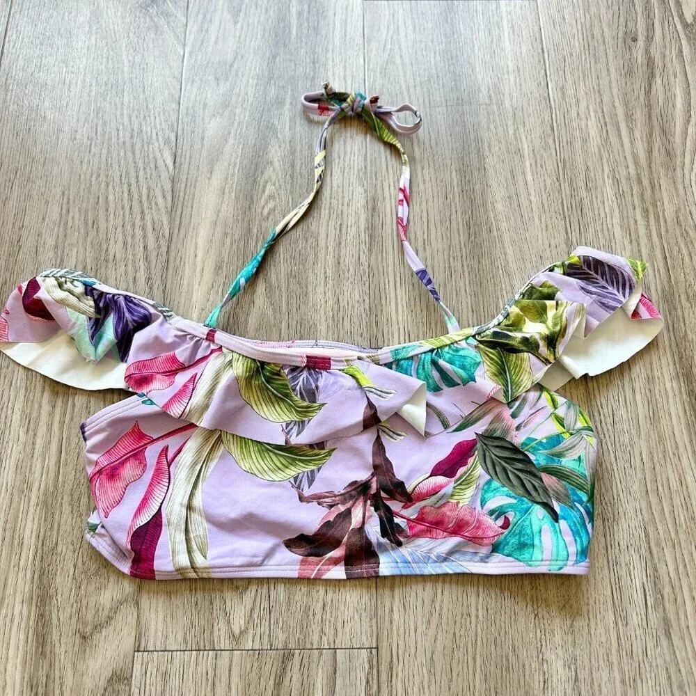 Beach Lingo Girl's Purple Palm Print Floral Off the Shoulder Bikini Top 16 NWT